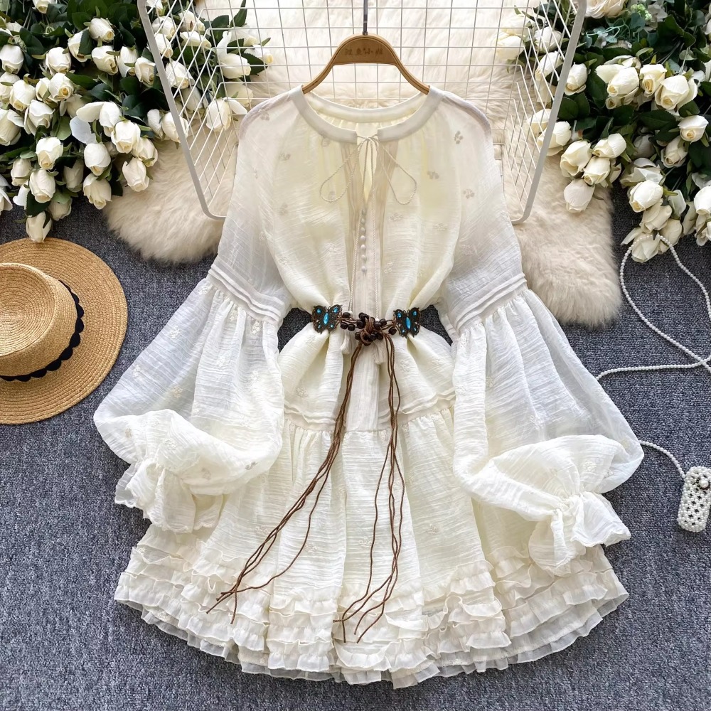 Winter Clothing Dress Up - Zoete geborduurde O-hals vetersluiting Vintage lantaarn